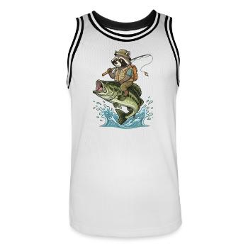 Funny raccoon rides on a bass fish - Men's Basketball Jersey - white/black - Front - AI Model Male 185 dark (185cm)