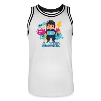 Gamer Kid with game pad and headphones - Men's Basketball Jersey - white/black - Front - AI Model Male 185 dark (185cm)
