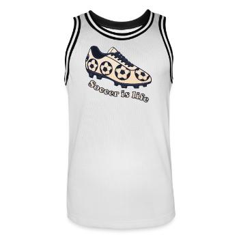 Soccer – Soccer is Life Design - Men's Basketball Jersey - white/black - Front - AI Model Male 185 dark (185cm)