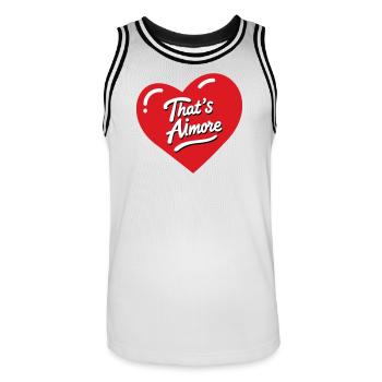 "That's AiMore" pun shirt with her - Men's Basketball Jersey - white/black - Front - AI Model Male 185 dark (185cm)