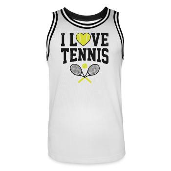 T-shirt de tennis, t-shirt j’adore le tennis, sweat à capuche, tasse - Maillot de basket Homme - blanc/noir - Devant - AI Model Male 185 dark (185cm)