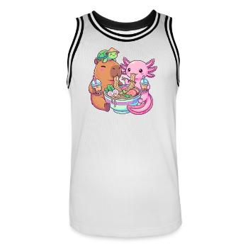 Kawaii Ramen Boba Amis Capybara Tortue Axolotl - Maillot de basket Homme - blanc/noir - Devant - AI Model Male 185 dark (185cm)