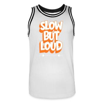 Slow But Loud – EPA Approved - Men's Basketball Jersey - white/black - Front - AI Model Male 185 dark (185cm)