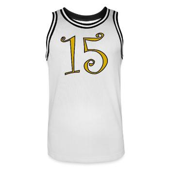 15. 15 JAHRE. 15-JÄHRIGES JUBILÄUM. 15-JÄHRIGES JUBILÄUM. - Männer Basketball-Trikot - Weiß/Schwarz - Vorne - AI Model Male 185 dark (185cm)