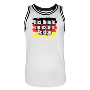 Das Runde muss ins Eckige - Spruch - Männer Basketball-Trikot - Weiß/Schwarz - Vorne - AI Model Male 185 dark (185cm)