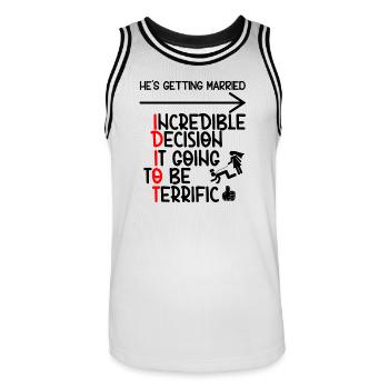 Funny Groomsmen Bachelor Party Idiot - Men's Basketball Jersey - white/black - Front - AI Model Male 185 dark (185cm)