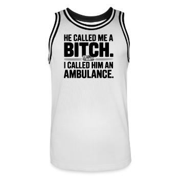 Il m’a traitée de. Je l’ai appelé une ambulance. - Maillot de basket Homme - blanc/noir - Devant - AI Model Male 185 dark (185cm)
