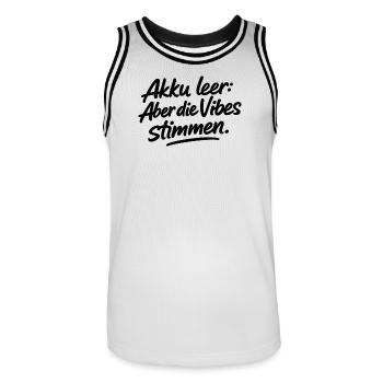 Akku leer: Aber die Vibes stimmen. - Männer Basketball-Trikot - Weiß/Schwarz - Vorne - AI Model Male 185 dark (185cm)