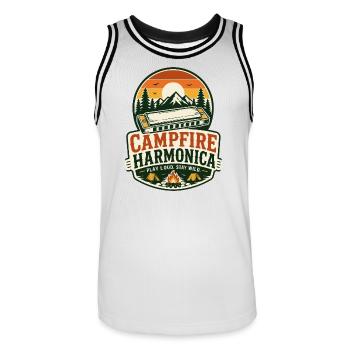 Instrument : Harmonica, Musique de feu de camp, Harmonica - Maillot de basket Homme - blanc/noir - Devant - AI Model Male 185 dark (185cm)