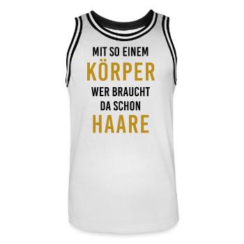 Mit diesem Körper, wer braucht da schon Haare? - Männer Basketball-Trikot - Weiß/Schwarz - Vorne - AI Model Male 185 dark (185cm)