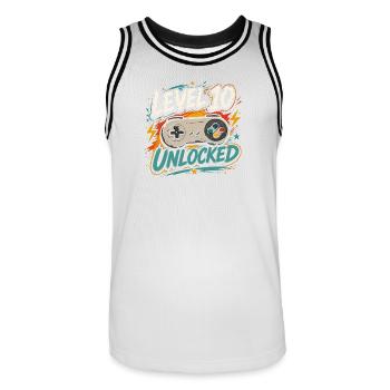 Level 10 freigeschaltetes 10-Jahres-Jubiläums-D-Geschenk - Männer Basketball-Trikot - Weiß/Schwarz - Vorne - AI Model Male 185 dark (185cm)