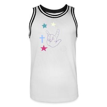Signe de la main avec croix, étoiles et lune - Maillot de basket Homme - blanc/noir - Devant - AI Model Male 185 dark (185cm)