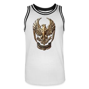 Erhabener Adler Wappen – Fortiter et Fideliter - Männer Basketball-Trikot - Weiß/Schwarz - Vorne - AI Model Male 185 dark (185cm)