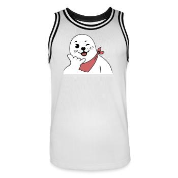 Zwinkerndes Robbenzeichen mit einem Bandana und werfendem Shaka-Zeichen - Männer Basketball-Trikot - Weiß/Schwarz - Vorne - AI Model Male 185 dark (185cm)