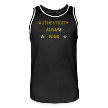 L’AUTHENTICITÉ GAGNE TOUJOURS – Citation motivationnelle en or - Maillot de basket Homme - noir/blanc - Devant - AI Model Male 185 dark (185cm)