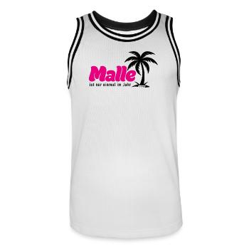 Malle ist nur einmal im Jahr 2027 – Mallorca Party - Männer Basketball-Trikot - Weiß/Schwarz - Vorne - AI Model Male 185 dark (185cm)