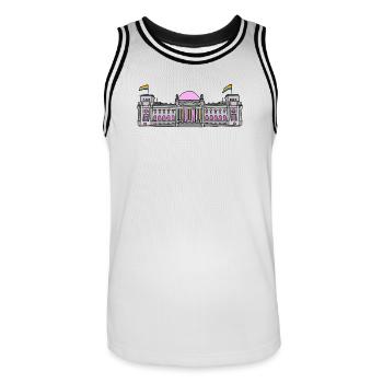 Der Bundestag in Berlin mit Regenbogenfahnen - Männer Basketball-Trikot - Weiß/Schwarz - Vorne - AI Model Male 185 dark (185cm)