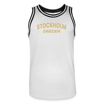 Stockholm – Sweden Text Design - Men's Basketball Jersey - white/black - Front - AI Model Male 185 dark (185cm)