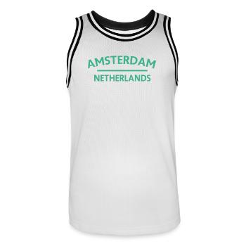 Amsterdam – Netherlands Textdesign - Men's Basketball Jersey - white/black - Front - AI Model Male 185 dark (185cm)