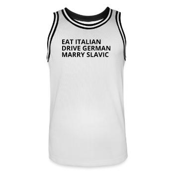Eat Italian Drive German Marry Slavic Humour - Maillot de basket Homme - blanc/noir - Devant - AI Model Male 185 dark (185cm)