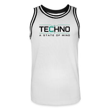 Techno - A State of Mind - Men's Basketball Jersey - white/black - Front - AI Model Male 185 dark (185cm)