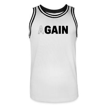 Hidden Gain — AGAIN Typography Motivational - Männer Basketball-Trikot - Weiß/Schwarz - Vorne - AI Model Male 185 dark (185cm)