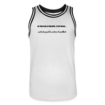 WORK. COLLEAGUE. MESSAGE. QUOTES. HUMOR - Men's Basketball Jersey - white/black - Front - AI Model Male 185 dark (185cm)