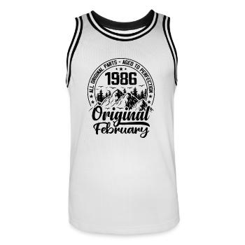 1986 February Original: 38 Years Anniversary Gift - Men's Basketball Jersey - white/black - Front - AI Model Male 185 dark (185cm)