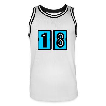 18 YEARS. 18th ANNIVERSARY. BIRTHDAY 18 YEARS. 18 - Men's Basketball Jersey - white/black - Front - AI Model Male 185 dark (185cm)