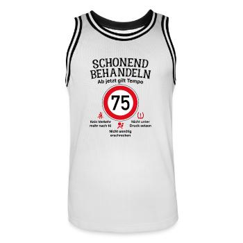 75. Geburtstag Schonend Behandeln 75 Tempolimit 75 - Männer Basketball-Trikot - Weiß/Schwarz - Vorne - AI Model Male 185 dark (185cm)