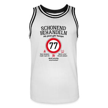 77. Geburtstag Schonend Behandeln 77 Tempolimit 77 - Männer Basketball-Trikot - Weiß/Schwarz - Vorne - AI Model Male 185 dark (185cm)