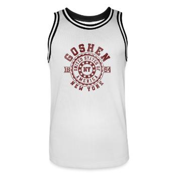 Goshen, NY | New York Travel & Souvenir Gift - Men's Basketball Jersey - white/black - Front - AI Model Male 185 dark (185cm)