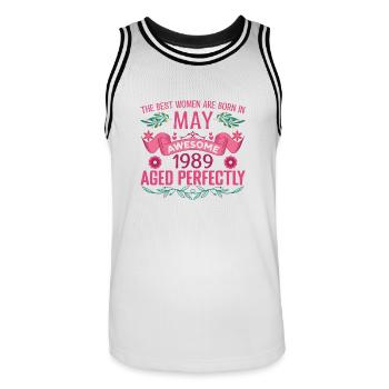 May 1989 Birthday Wife May 1989 Birthday - Men's Basketball Jersey - white/black - Front - AI Model Male 185 dark (185cm)