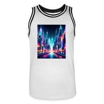 Futuristic Neon Cityscape – Vibrant Cyberpunk Art - Men's Basketball Jersey - white/black - Front - AI Model Male 185 dark (185cm)