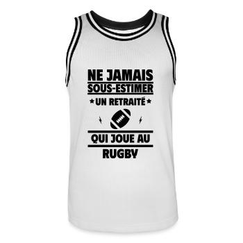 Ne jamais sous-estimer un retraité qui rugby,Sport - Maillot de basket Homme - blanc/noir - Devant - AI Model Male 185 dark (185cm)