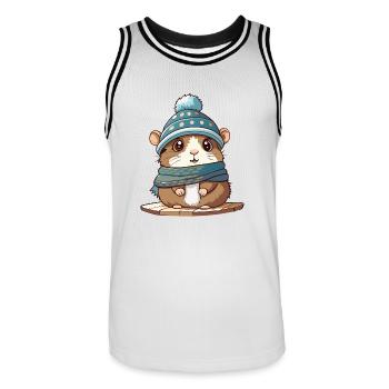 Niedlicher Hamster mit Schal und Pudelmütze. - Männer Basketball-Trikot - Weiß/Schwarz - Vorne - AI Model Male 185 dark (185cm)