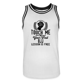 Touch me - first BJJ lesson free - black - Men's Basketball Jersey - white/black - Front - AI Model Male 185 dark (185cm)