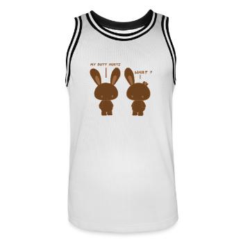 My Butt Hurts, What? Funny Chocolate Bunny Bitten - Men's Basketball Jersey - white/black - Front - AI Model Male 185 dark (185cm)