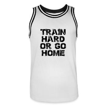 Entraînez-vous dur ou rentrer à la maison - dur train ou aller - Maillot de basket Homme - blanc/noir - Devant - AI Model Male 185 dark (185cm)