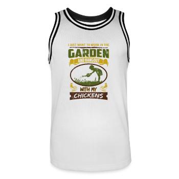 Work in Garden Hangout with Chickens T-shirt - Men's Basketball Jersey - white/black - Front - AI Model Male 185 dark (185cm)