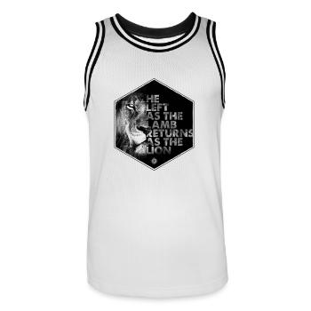 Lion Coming Soon by JT4Christ - Men's Basketball Jersey - white/black - Front - AI Model Male 185 dark (185cm)