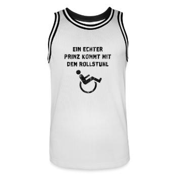 EinechterPrinzkommtmitdemRollstuhl - Männer Basketball-Trikot - Weiß/Schwarz - Vorne - AI Model Male 185 dark (185cm)