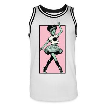 Female dancer #7 - Men's Basketball Jersey - white/black - Front - AI Model Male 185 dark (185cm)