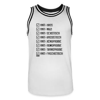 Unity & Respect: Für Gleichheit und gegen Hass - Männer Basketball-Trikot - Weiß/Schwarz - Vorne - AI Model Male 185 dark (185cm)