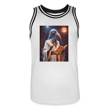 Thoth, ibis-headed god, holding a scroll - Men's Basketball Jersey - white/black - Front - AI Model Male 185 dark (185cm)