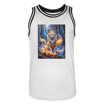 Eleganter mehrschwänziger Kitsune mit leuchtendem Fuchsfeuer - Männer Basketball-Trikot - Weiß/Schwarz - Vorne - AI Model Male 185 dark (185cm)