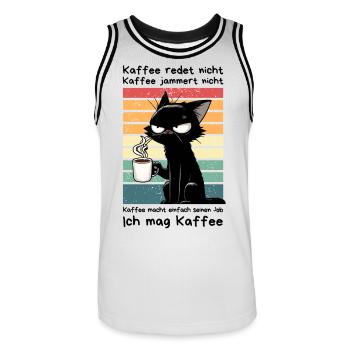 Genervte schwarze Katze mit Kaffee und Blick - Männer Basketball-Trikot - Weiß/Schwarz - Vorne - AI Model Male 185 dark (185cm)