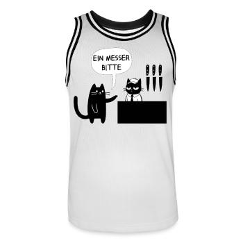 Ein Messer bitte – Schwarzer Humor mit Katze - Männer Basketball-Trikot - Weiß/Schwarz - Vorne - AI Model Male 185 dark (185cm)