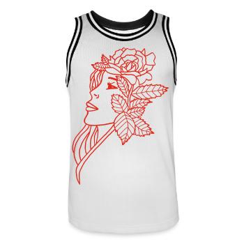 Die Dame und die Rose (rot) - Männer Basketball-Trikot - Weiß/Schwarz - Vorne - AI Model Male 185 dark (185cm)
