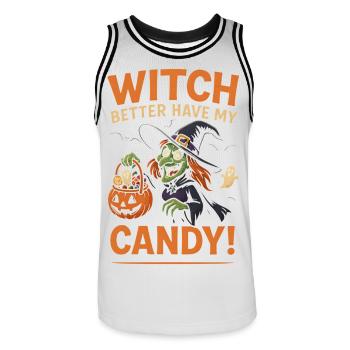 T-shirt Sorcière d'Halloween : Sorcière meilleure avec mes bonbons - Maillot de basket Homme - blanc/noir - Devant - AI Model Male 185 dark (185cm)
